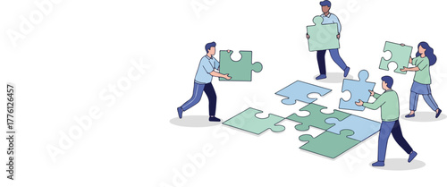 Teamwork makes dream work as people connect jigsaw pieces for business solutions