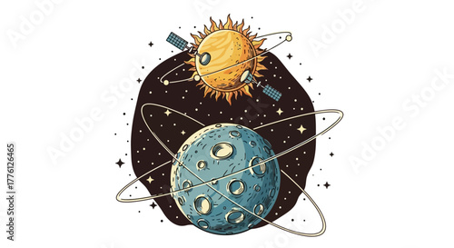 Illustration of the sun and a planet with rings, surrounded by stars, depicting space exploration and celestial bodies.