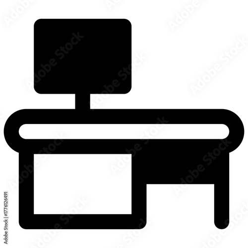 Checkout counter. Outlined stroke vector icon with black-filled details.