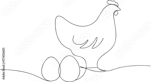 Single line drawing of a hen and eggs chicken farm