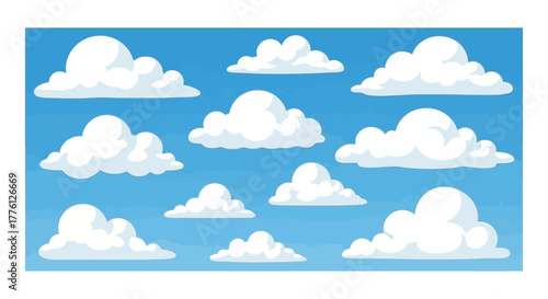 Illustration of fluffy white clouds in a bright blue sky.
