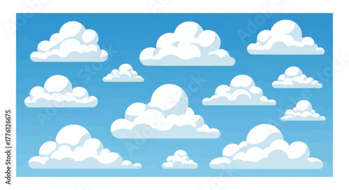 Cartoon illustration of fluffy white clouds scattered across a bright blue sky.