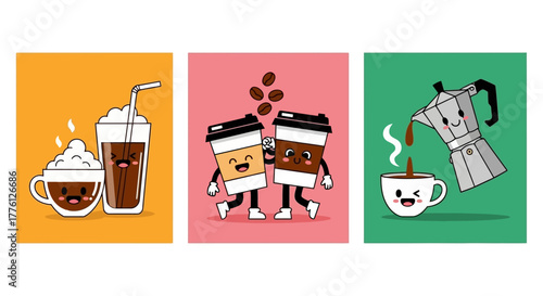Cute cartoon coffee cups with happy faces, coffee beans, and a moka pot.
