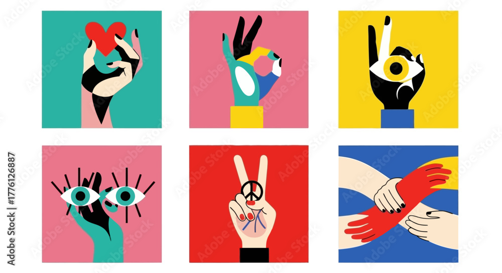Naklejka premium A collection of colorful illustrations depicting various hand gestures and symbols against vibrant backgrounds.