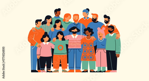 Diverse group of people standing together, arms around each other, smiling.