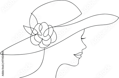 Woman in wide brim hat with flower illustration profile