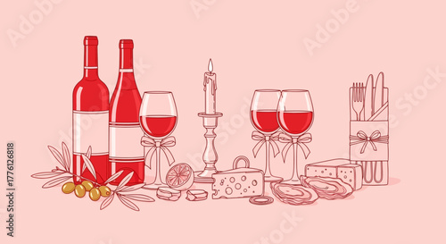 Illustration of wine bottles, glasses, cheese, candle, and cutlery on a pink background.