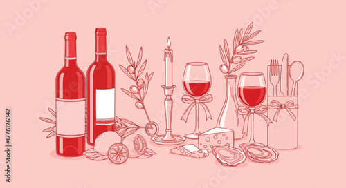 Illustration of a romantic dinner setting with wine, oysters, cheese, and candlelight.