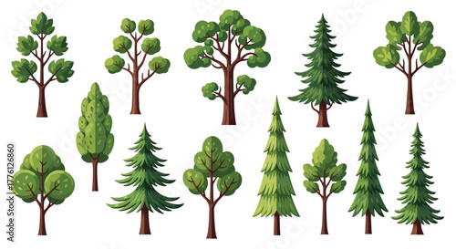 Illustration of various cartoon trees with green leaves and brown trunks, isolated on a white background.
