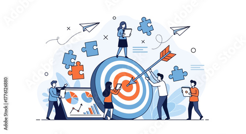 Teamwork illustration: people collaborating to achieve a common goal, hitting the target with an arrow.