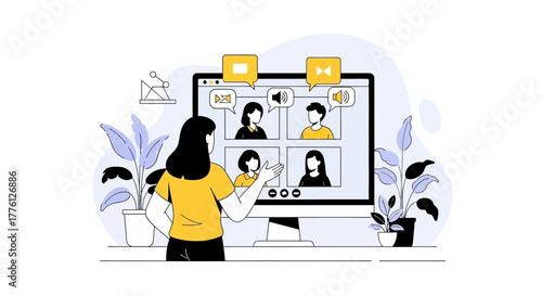 Illustration of a woman in a video conference with four participants on a computer screen.