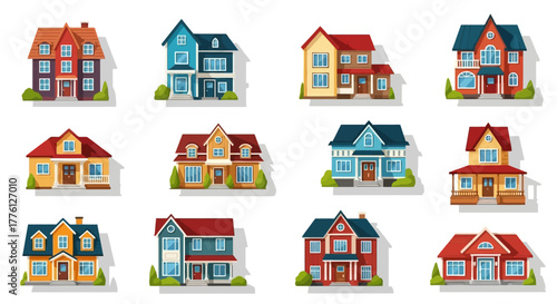 A collection of twelve colorful cartoon houses with different architectural styles and designs, arranged in a grid pattern.