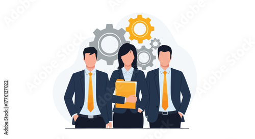 Team of professionals with gears in the background.