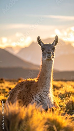 Guanaco lies in grassy field, mountains blurred in background, illuminated