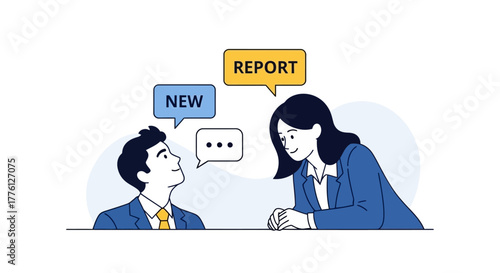 Illustration of two business people talking about a new report in a meeting.