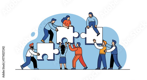 Teamwork illustration: People assembling puzzle pieces together.