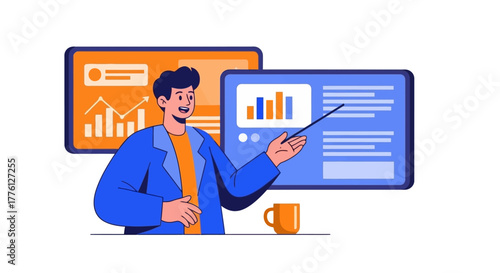 Man pointing at a presentation with charts and text, with a mug on the table.