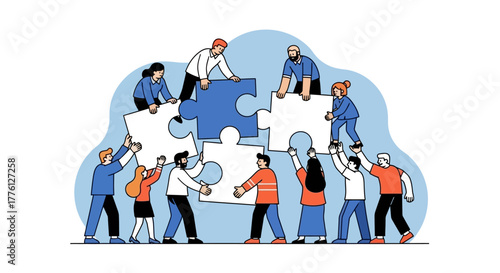 Teamwork illustration: People assembling puzzle pieces together.