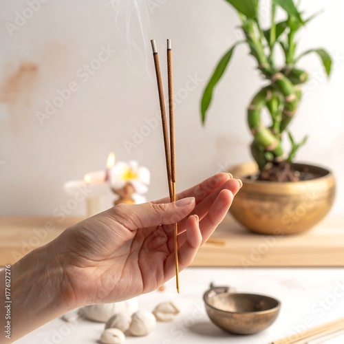 Hand holding smoking incense sticks with bamboo and other spiritual items