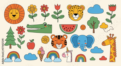 Cute cartoon animal and nature illustrations featuring a lion, tiger, elephant, giraffe, and other elements.
