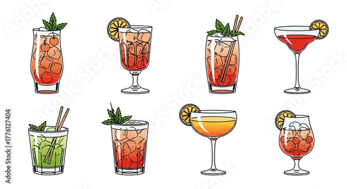 Illustration of eight different cocktails with various garnishes and colors.