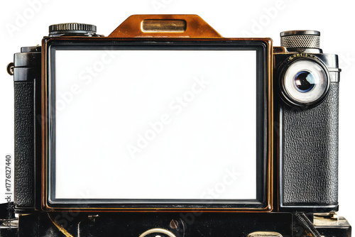 Vintage camera viewfinder with blank white screen isolated on transparent background. Classic polaroid camera isolated on white background.