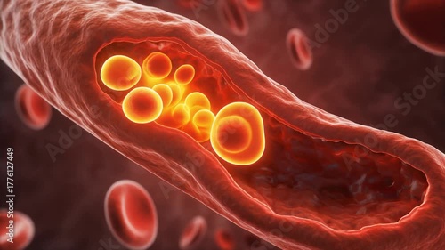 Close-up view of atherosclerotic plaque composed of cholesterol inside a human artery, a medical concept of cardiovascular risk