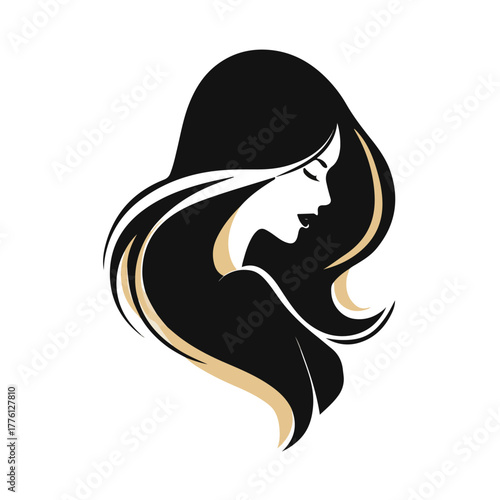 Elegant woman profile silhouette with flowing hair in black minimalist style for beauty salon or fashion brand logo design