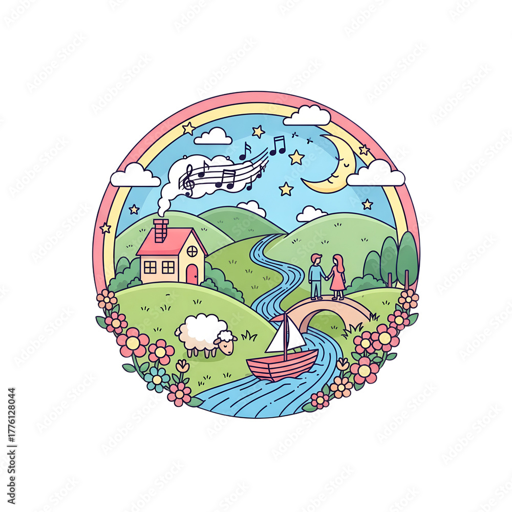 Fototapeta premium Colorful landscape with house, river, people, and musical notes