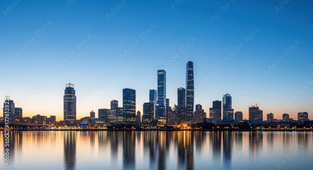 Obraz premium Panoramic view of the illuminated mumbai skyline at dusk reflecting in the calm water of the arabian sea with a clear blue sky