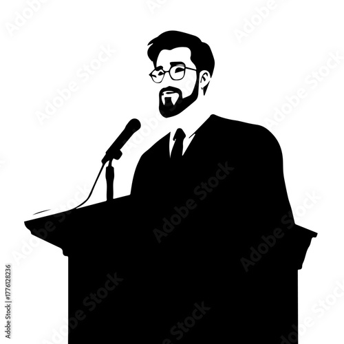 Man in Suit Speaking at Podium with Microphone and Glasses