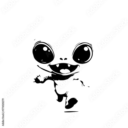 Playful black and white cartoon monster with huge shiny eyes, a wide toothy grin, and an energetic running pose