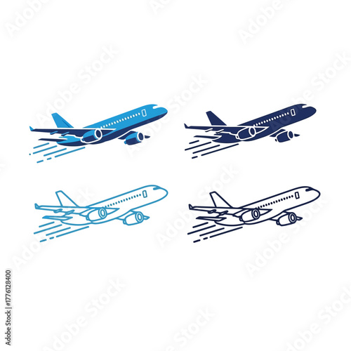 Vector illustration of set of four airplane icons in different styles