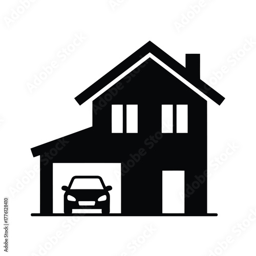 Vector illustration of black silhouette of a house with an attached garage and car