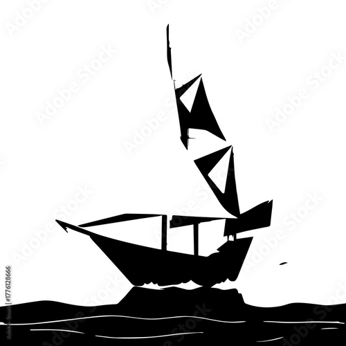 Stylized Silhouette of a Sailing Ship on Wavy Waters