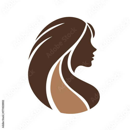 Elegant woman silhouette with flowing long hair in brown tones ideal for beauty salon hair care or feminine wellness brand logo
