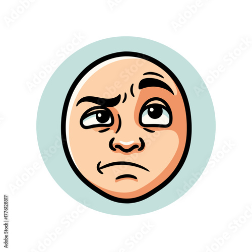 Cartoon face with a skeptical expression on pastel background  
