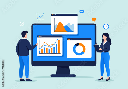 A business team collaborating on a data analytics project, reviewing financial charts and performance metrics on a screen vector illustration