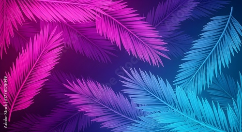 Floating pink and blue palm leaves illuminated by neon lights, creative background.