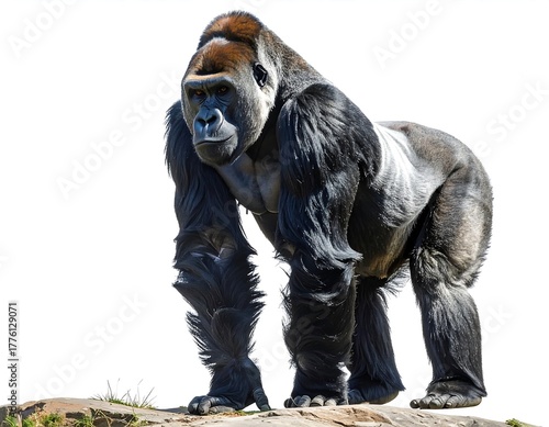 A majestic male gorilla, silverback, standing tall on a rock, isolated against a white background