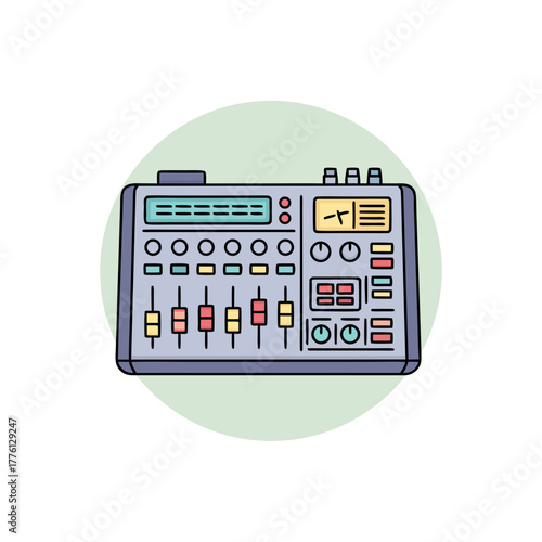 Mixing console illustration in flat design with colorful controls  