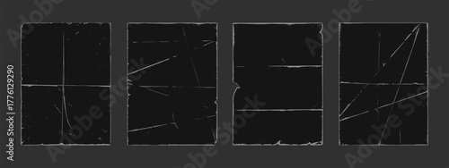 Old retro style paper fold texture black grunge punk overlay vector illustration set. Vintage dark cover dirty scratched folded paper sheet collection grain noise rough effect distress corner template