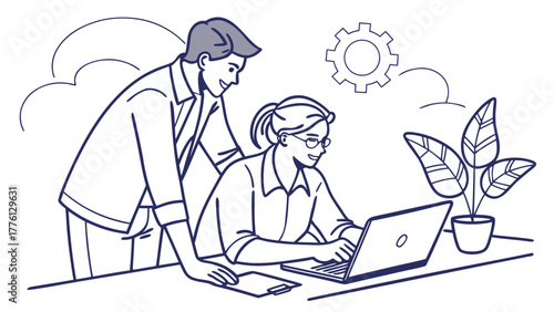 Collaborating professionals brainstorm new ideas near laptop and potted plant, suggesting teamwork and innovation for modern office success.