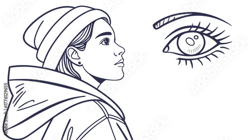 Modern young woman with thoughtful gaze contemplates a stylized eye, showcasing introspection and focused attention in a clean, minimalist aesthetic