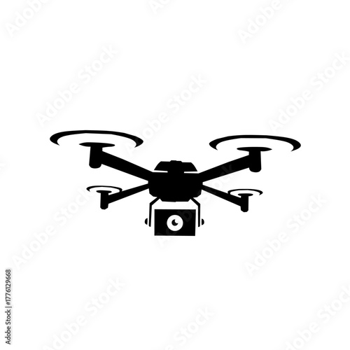Silhouette icon of a modern drone (quadcopter) with a camera attached. Represents photography, surveillance, delivery, technology, and aerial video/mapping.
