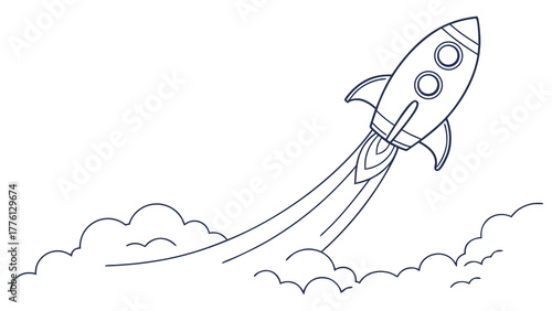 Dynamic rocket blasting off with fiery exhaust and stylized clouds, symbolizing innovation and rapid growth in business endeavors.