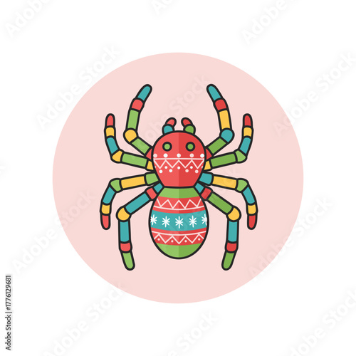 Colorful decorated spider illustration on pink circular background  