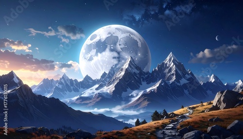 A majestic mountain range under a large moon at dusk