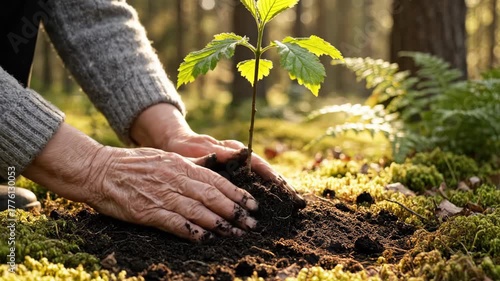 Hands filling freshly dug hole with rich earth outdoors