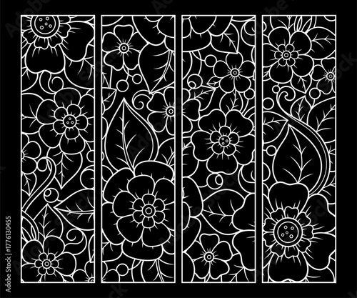 Printable bookmark for book - coloring. Set of black and white labels with flower patterns, hand draw in mehndi style. Sketch of ornaments for creativity of children and adults with colored pencils.